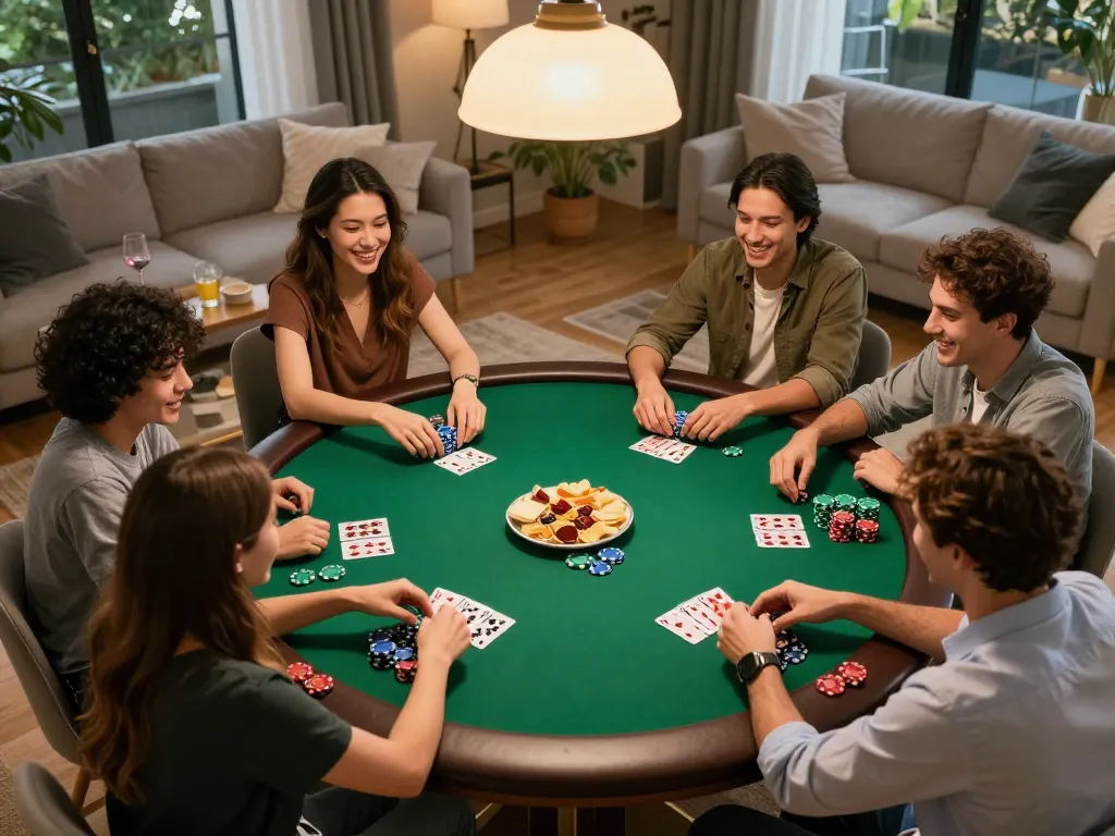 Friends enjoying a competitive poker night, analyzing their hands while playing keobongda