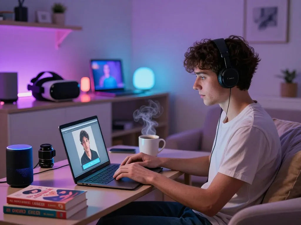 Engaging in ai sex chat on a laptop in a modern, cozy tech space with gadgets and a relaxed atmosphere.