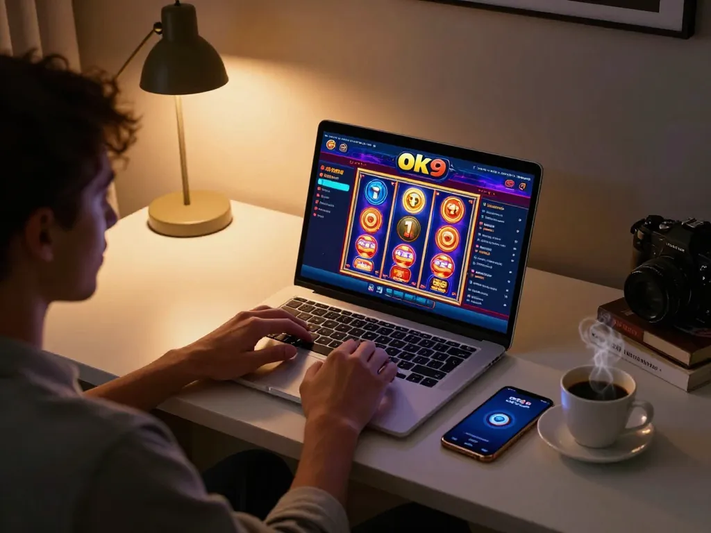 Engaging user enjoying Ok9 online casino gaming, vibrant slot games displayed on laptop, cozy atmosphere