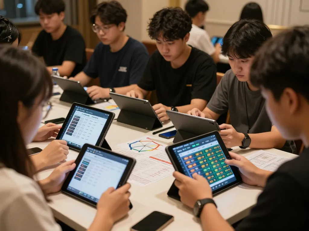 Lô đề players analyzing bets during friendly competition on digital devices