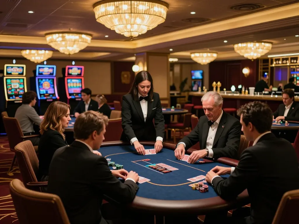 Experience fun79 vip in an elegant poker game, players strategizing in a luxurious casino