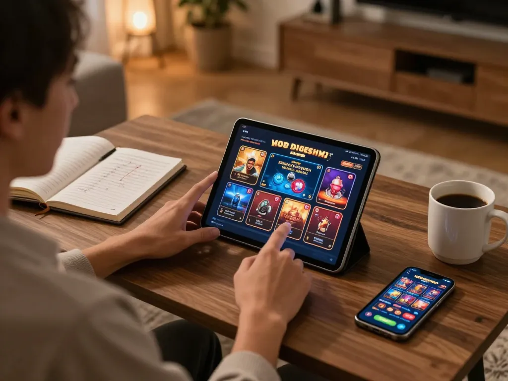 Engaged player using tablet to access a cổng game uy tín while focusing on gameplay strategies in a cozy setting