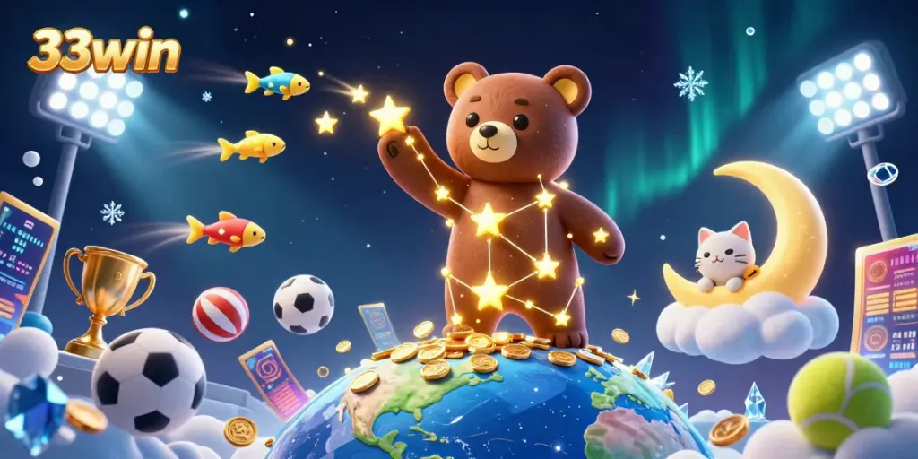 Engage with 33win’s vibrant casino universe featuring cosmic characters and dynamic sports betting elements.
