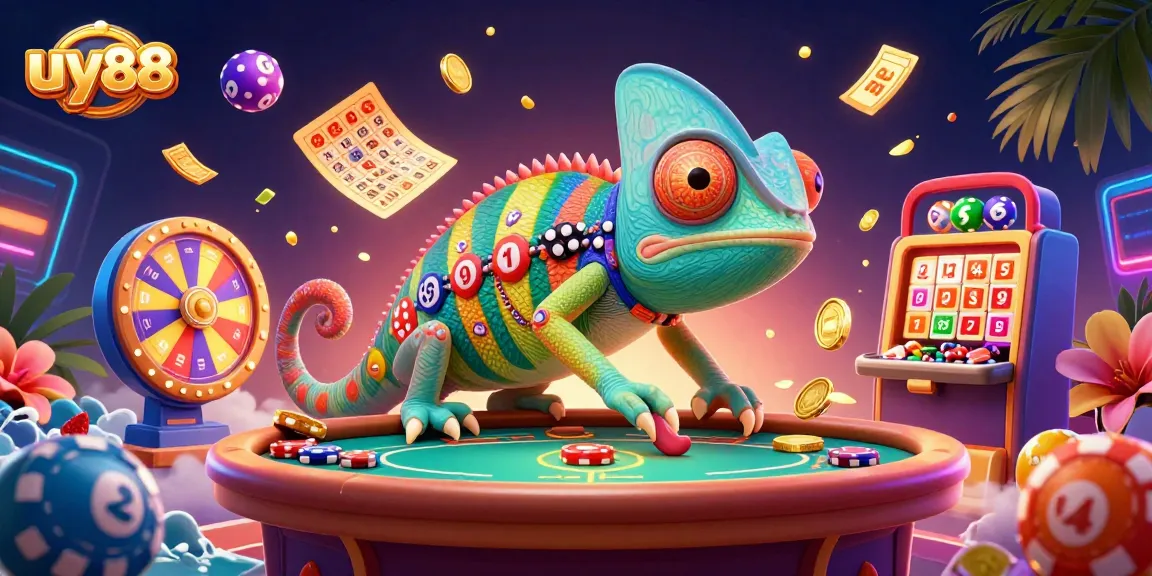 Engage in thrilling gameplay with uy88, watching a chameleon casino master grabbing golden coins.