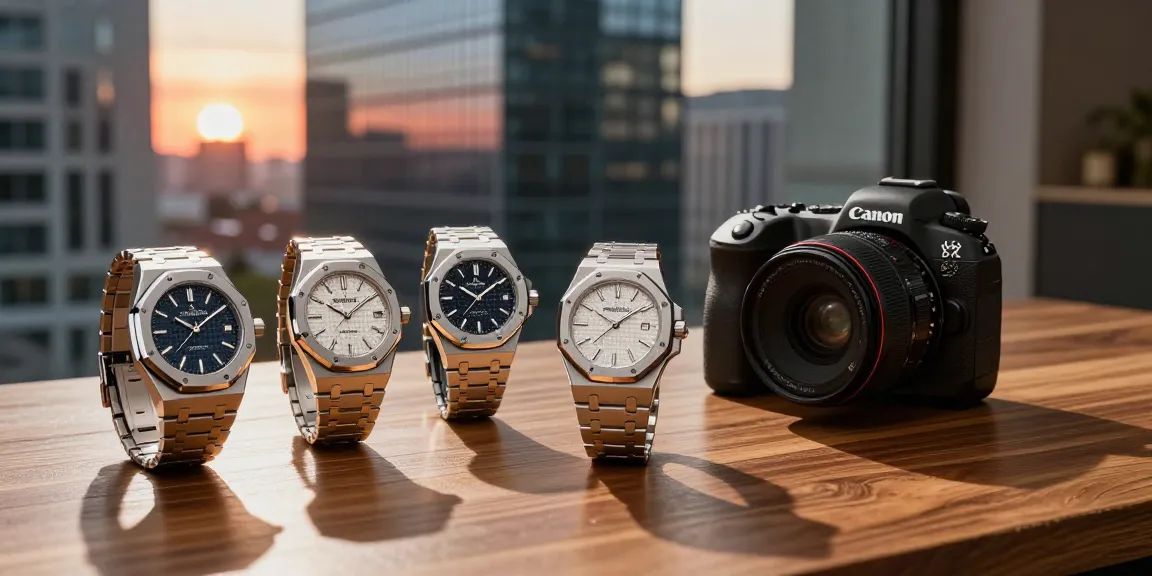 Showcasing luxury replica watches like Audemars Piguet and Rolex in modern urban setting.