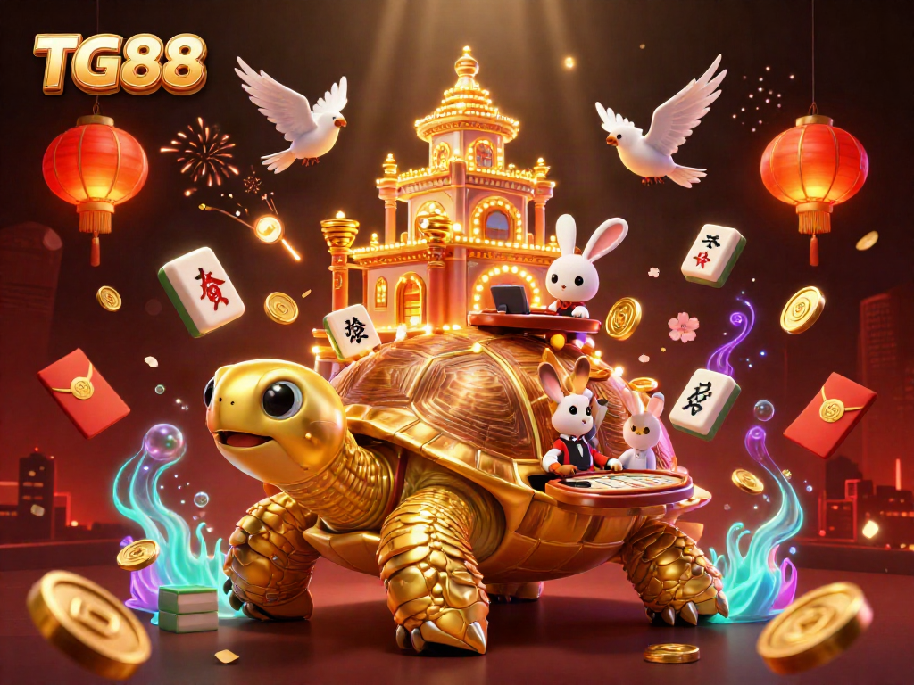 Experience winning thrills with TG88 featuring a golden tortoise casino and rabbit dealer amidst vibrant decorations.
