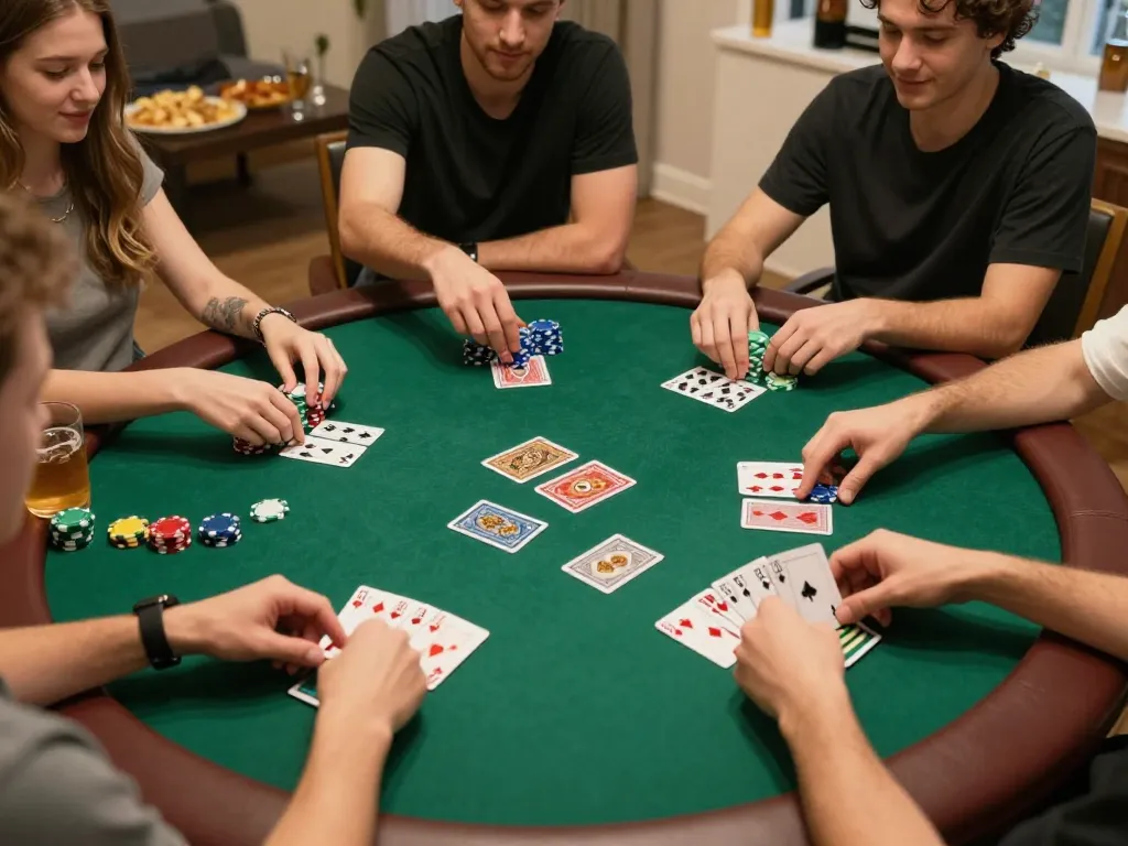 Engaging poker session among friends at home, highlighting strategic gameplay on trang chủ 79king.