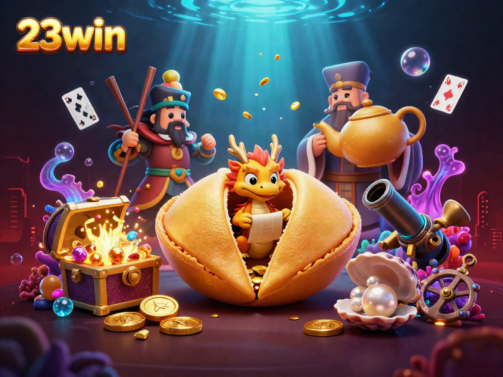 Experience the thrill of 23win with lively characters and dynamic casino elements in a vibrant scene.