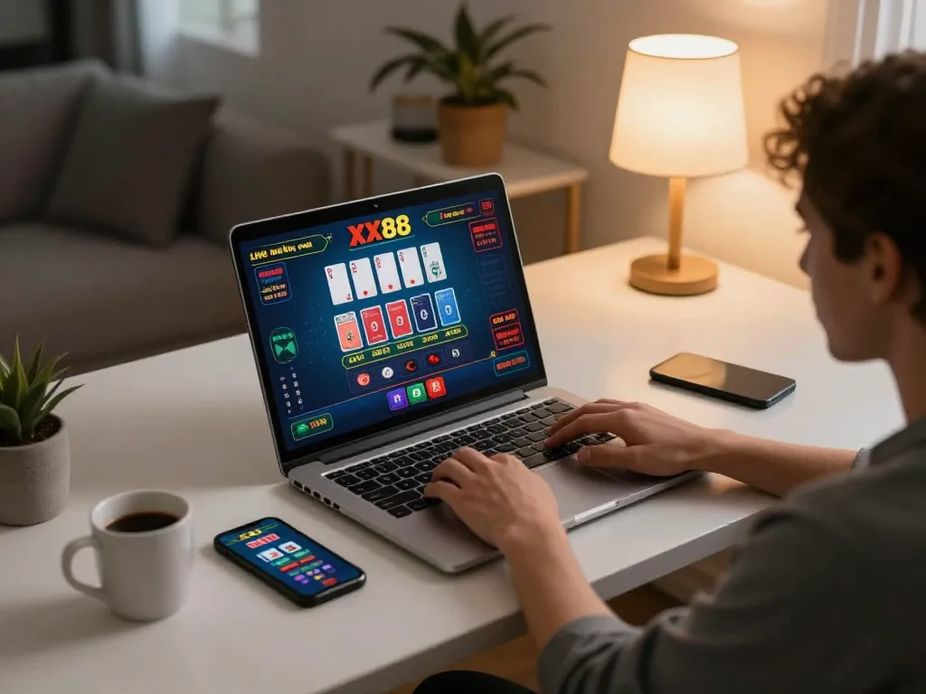 Player engaging in live dealer blackjack at XX88 online casino on laptop in a cozy home office