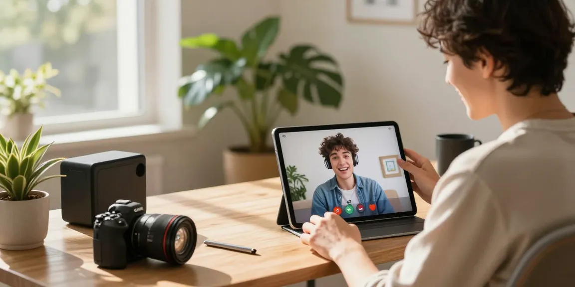 Engaging with an AI companion on a tablet in a cozy home office, representing sex chat AI.