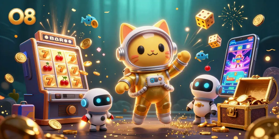 Win jackpots and enjoy thrilling games at O8 with vibrant 3D illustrations of online casino adventures.