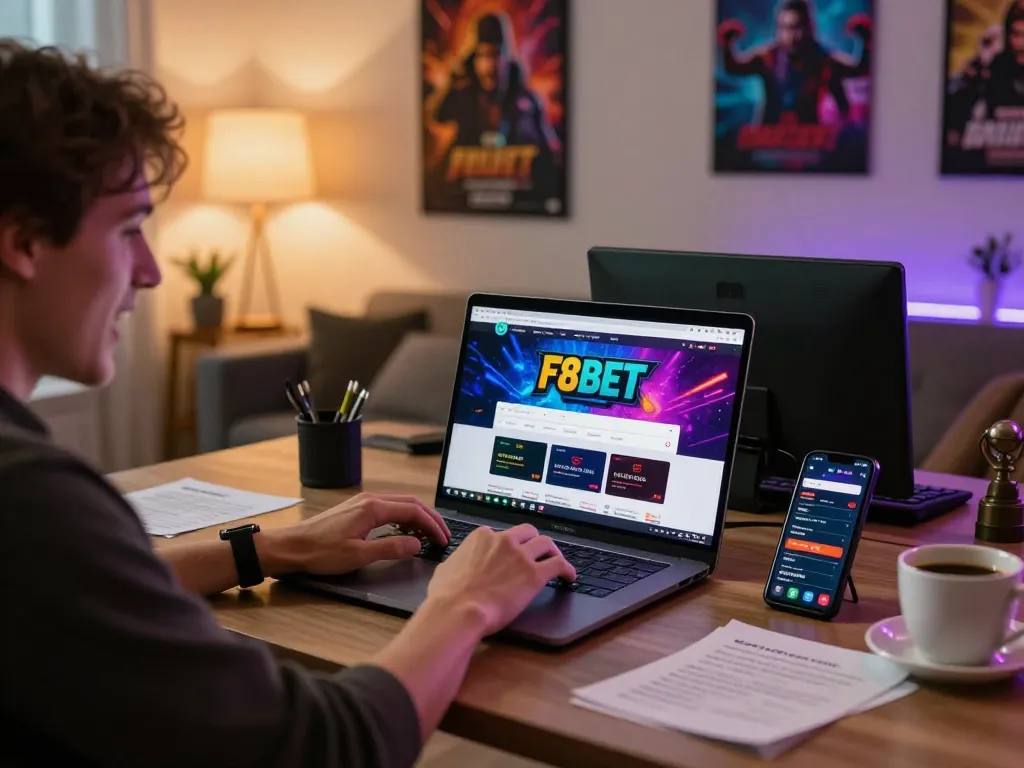Engaging with F8BET online gaming platform on a laptop, set in a cozy, modern workspace