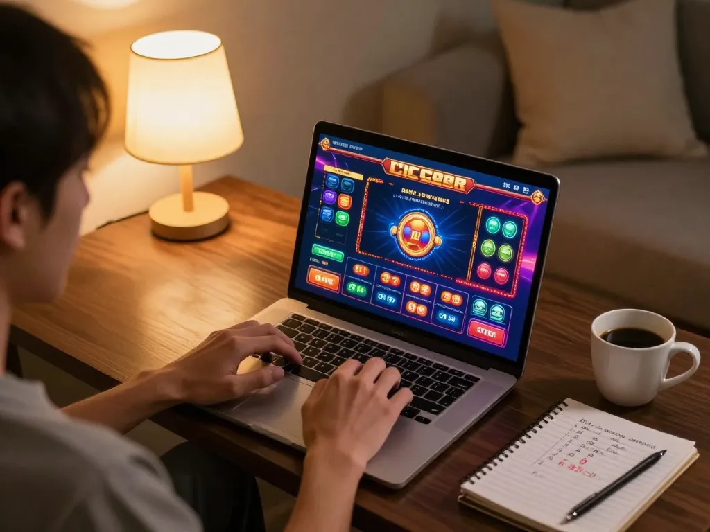 Engaging in online gaming at 789WIN with vibrant casino graphics and strategic notes