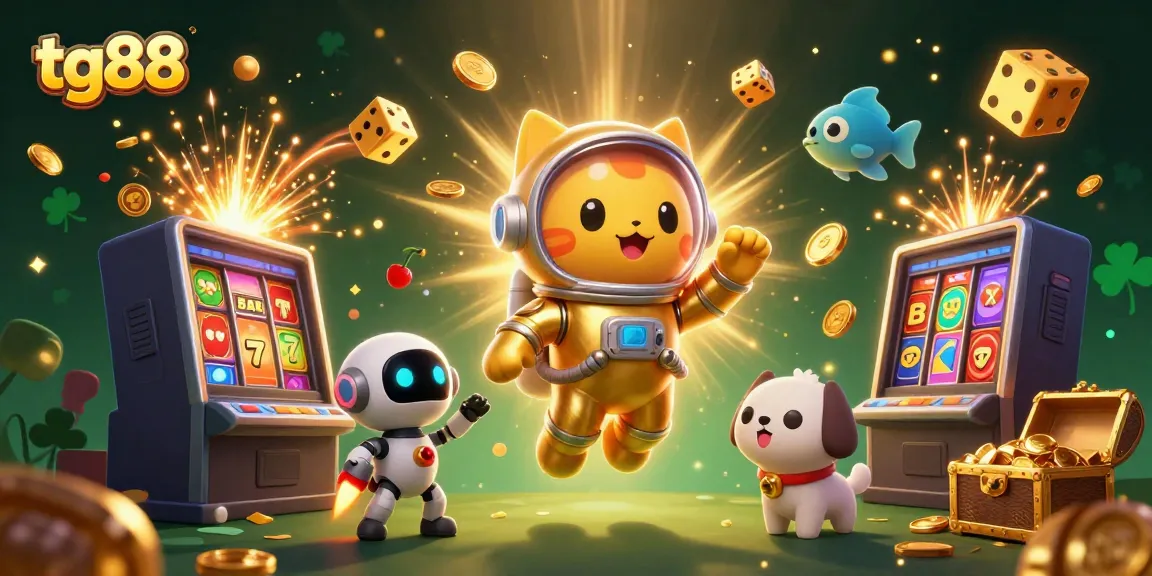 Experience the excitement of tg88's online casino world with slot machines, vibrant colors, and dynamic characters.