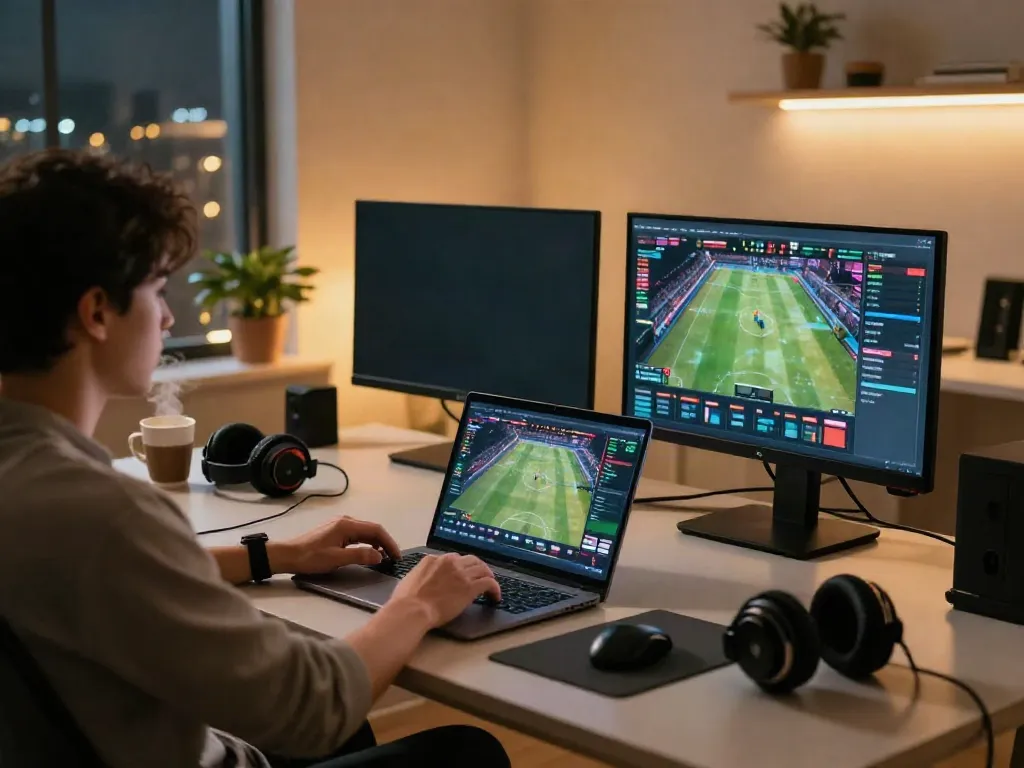 Engaging online gaming atmosphere featuring 11bet.com sports betting setup with laptop and live updates.