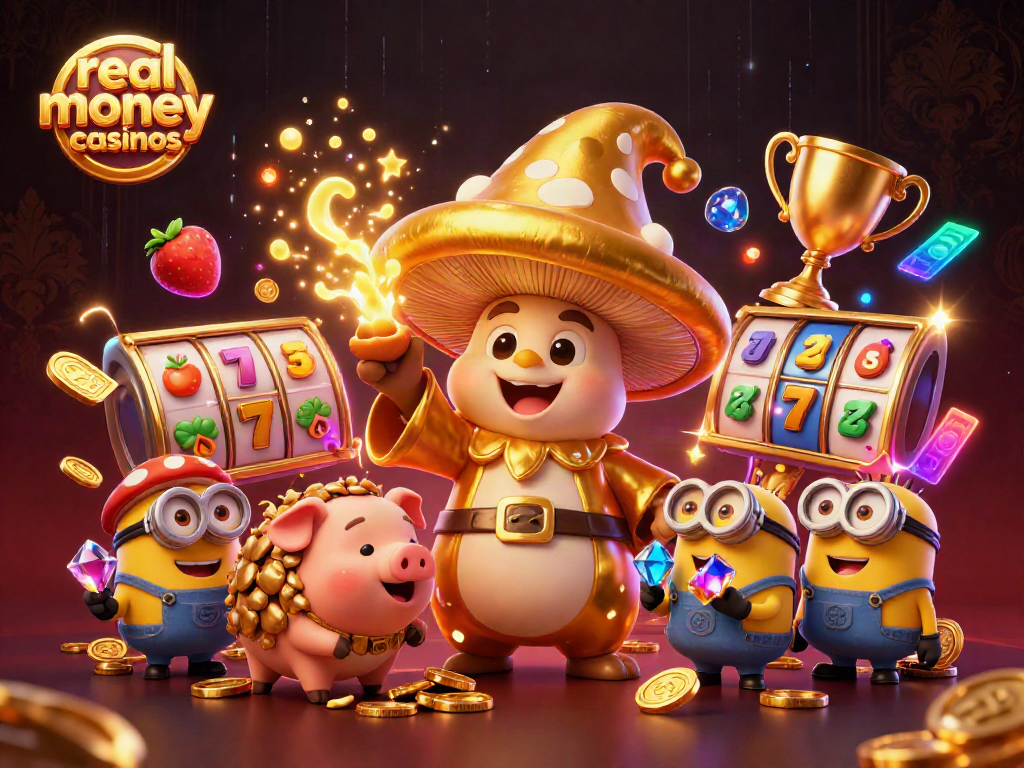 Engage with real money casinos while exploring a dynamic scene of magical characters and casino elements.