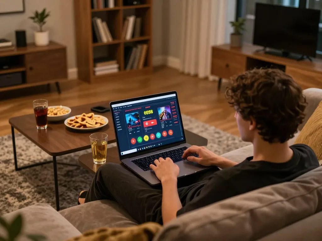 Person using the ee88 platform on a laptop for online gambling with snacks and drinks nearby