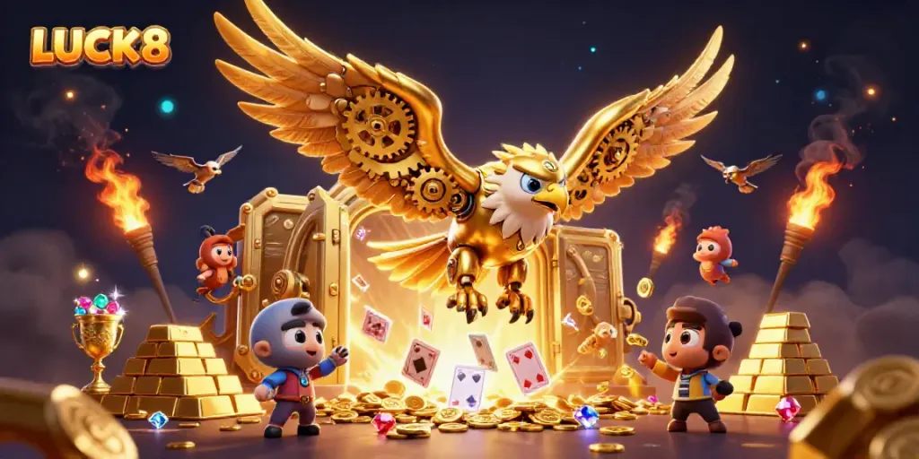 LUCK8 players engaging with holographic playing cards and golden treasures in a vibrant casino scene.