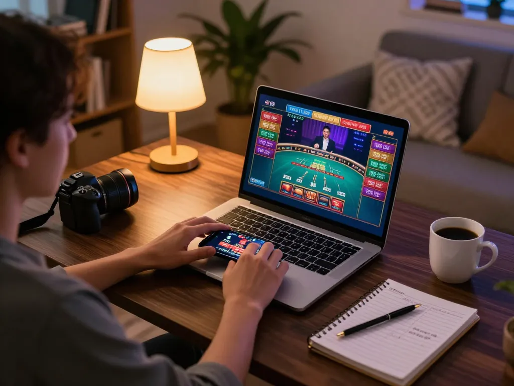 Player engaged in online casino gameplay on laptop, showcasing red888 features with live dealer interaction.