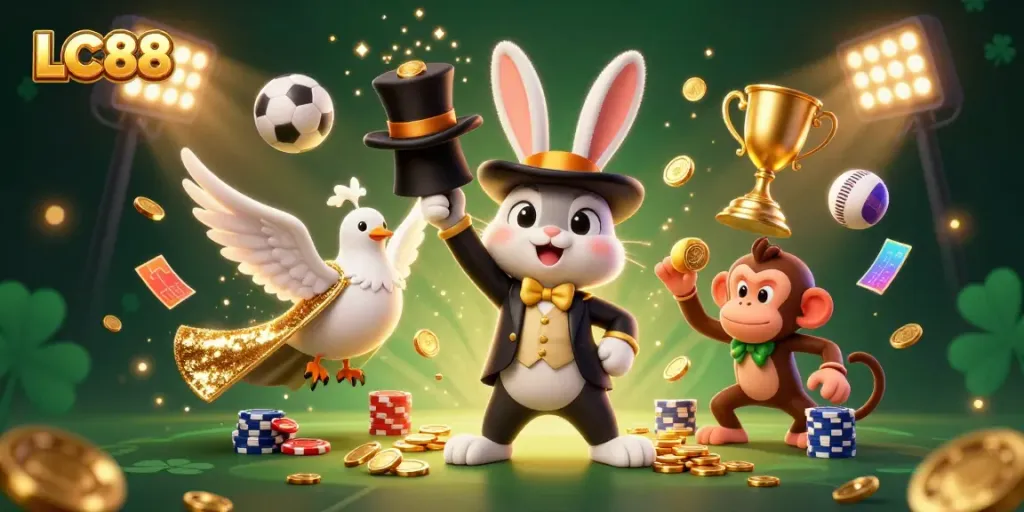LC88 entertains with a magician rabbit, glamorous dove, and monkey amidst a dynamic gambling scene.