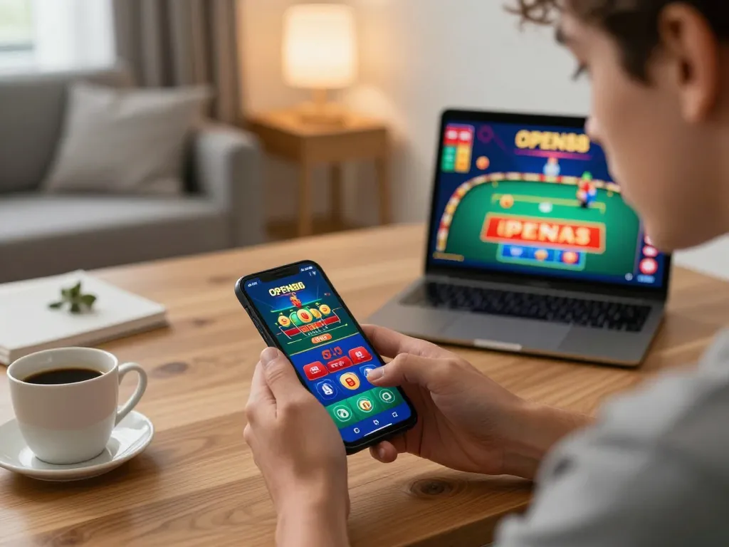 Player engaging with OPEN88 casino app on smartphone in cozy home setting
