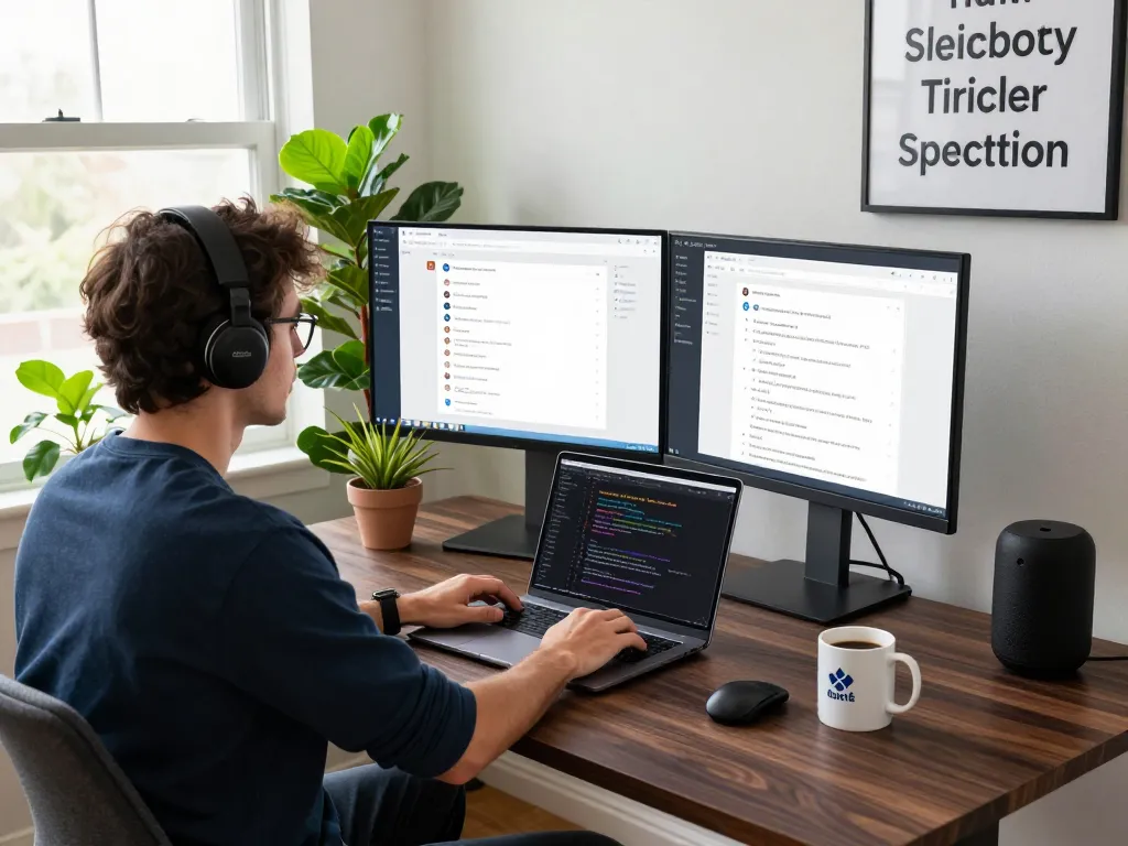 User engaging with Moltbot AI on dual screens in a modern home office setup, showcasing efficient task automation.