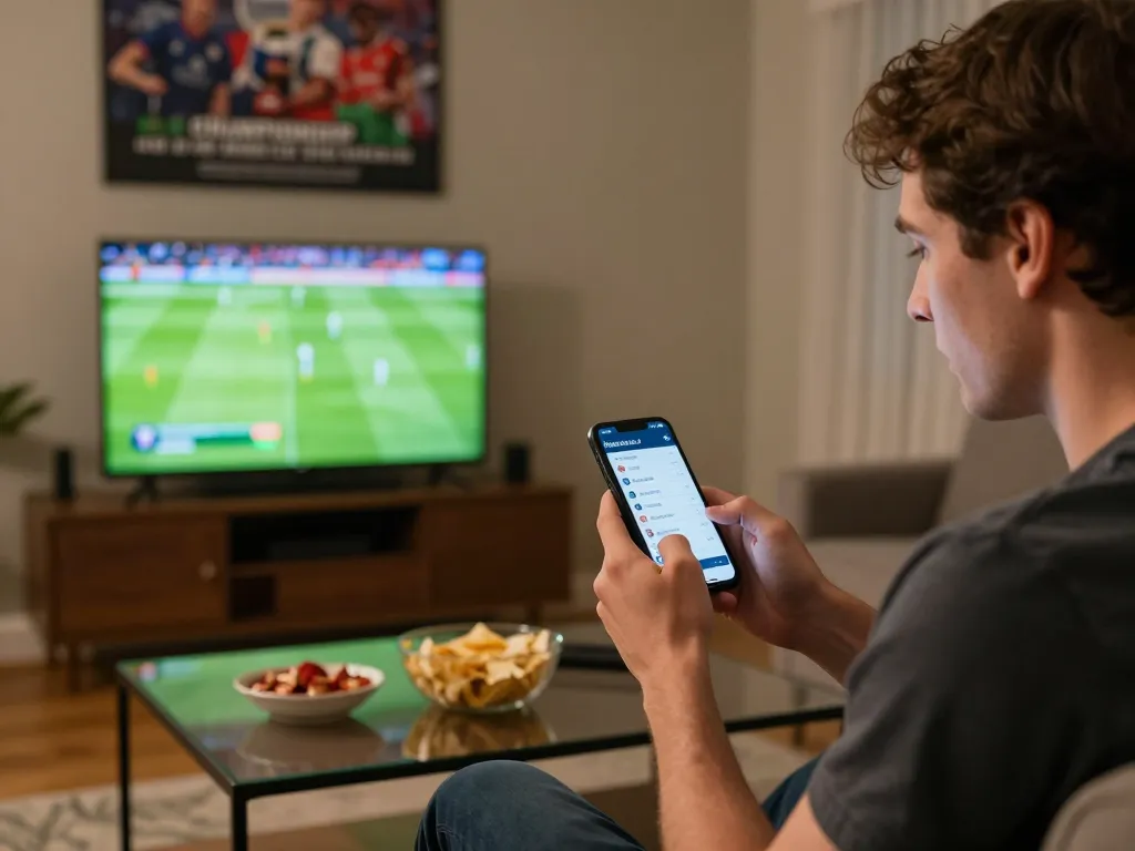 Individual using nhandinhkeonhacai app for live sports betting in a cozy home setting.