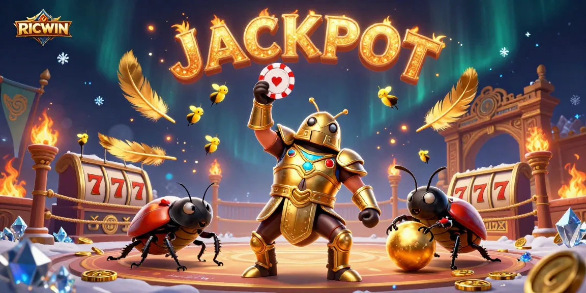 Engage in thrilling RICWIN casino adventures with a cartoon hercules beetle in a dynamic gambling scene.