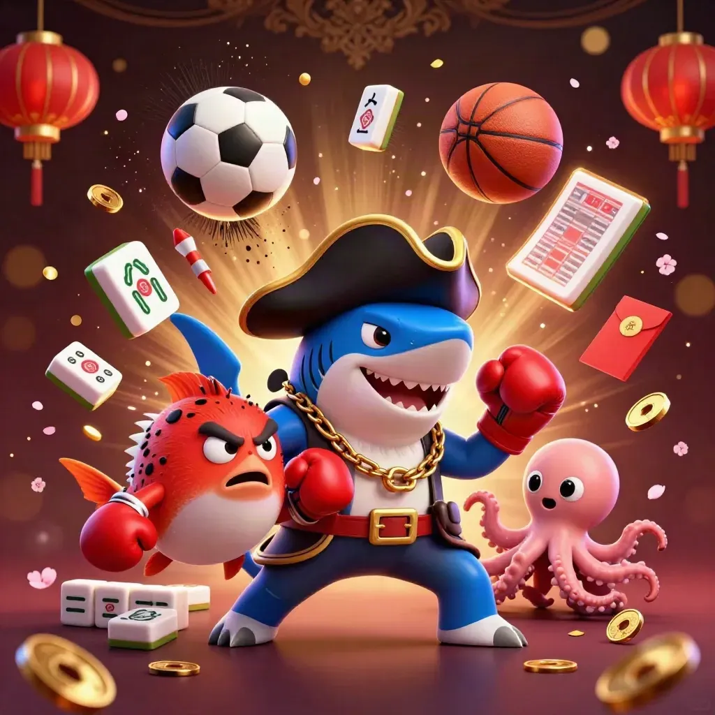 Pirate shark, pufferfish and octopus burst amid coins, lanterns and casino sports props.