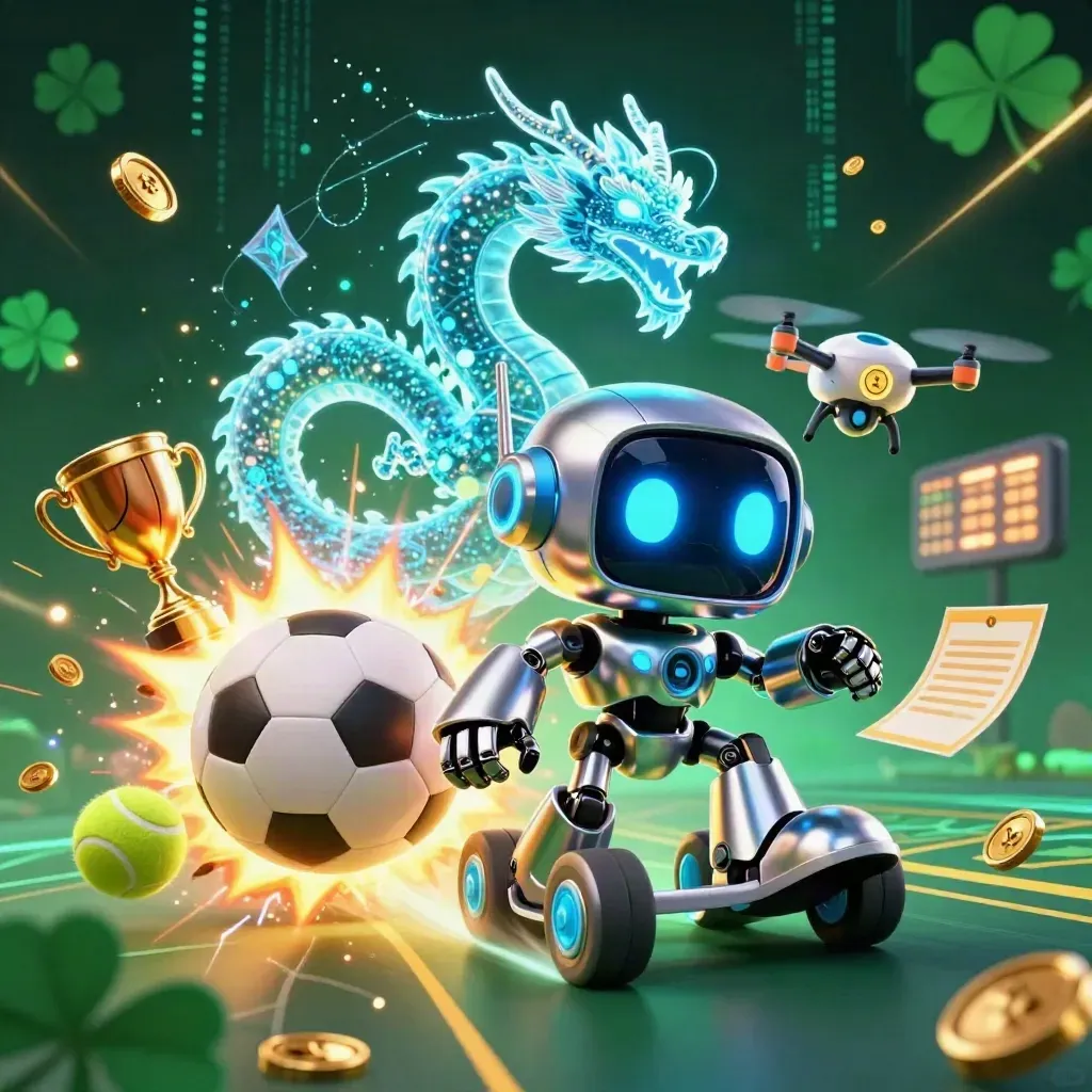 Cyberpunk robot, holographic dragon, and coin drone amid flying sports balls and casino glow