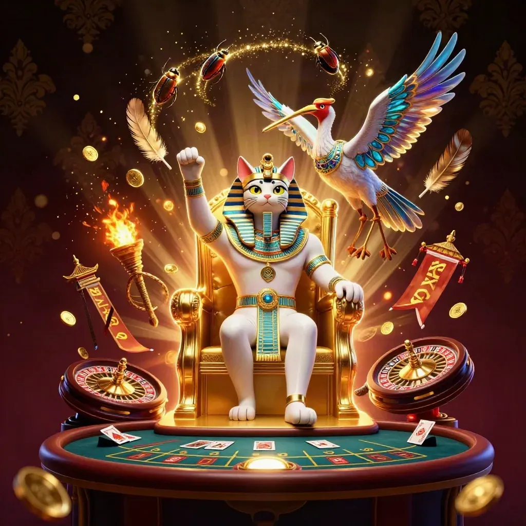 Pharaoh cat, ibis scribe and gem-wing scarabs in gold casino glory with neon blue accents.