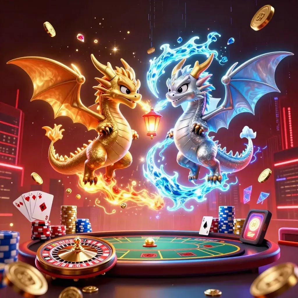 Gold and silver dragons spiral with coins, cards, roulette wheel, and neon casino energy.