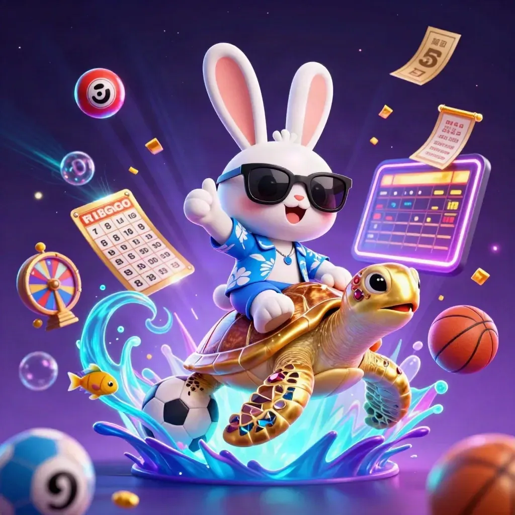 Cartoon rabbit on a golden turtle with casino tokens, balls and sports gear in neon splash art
