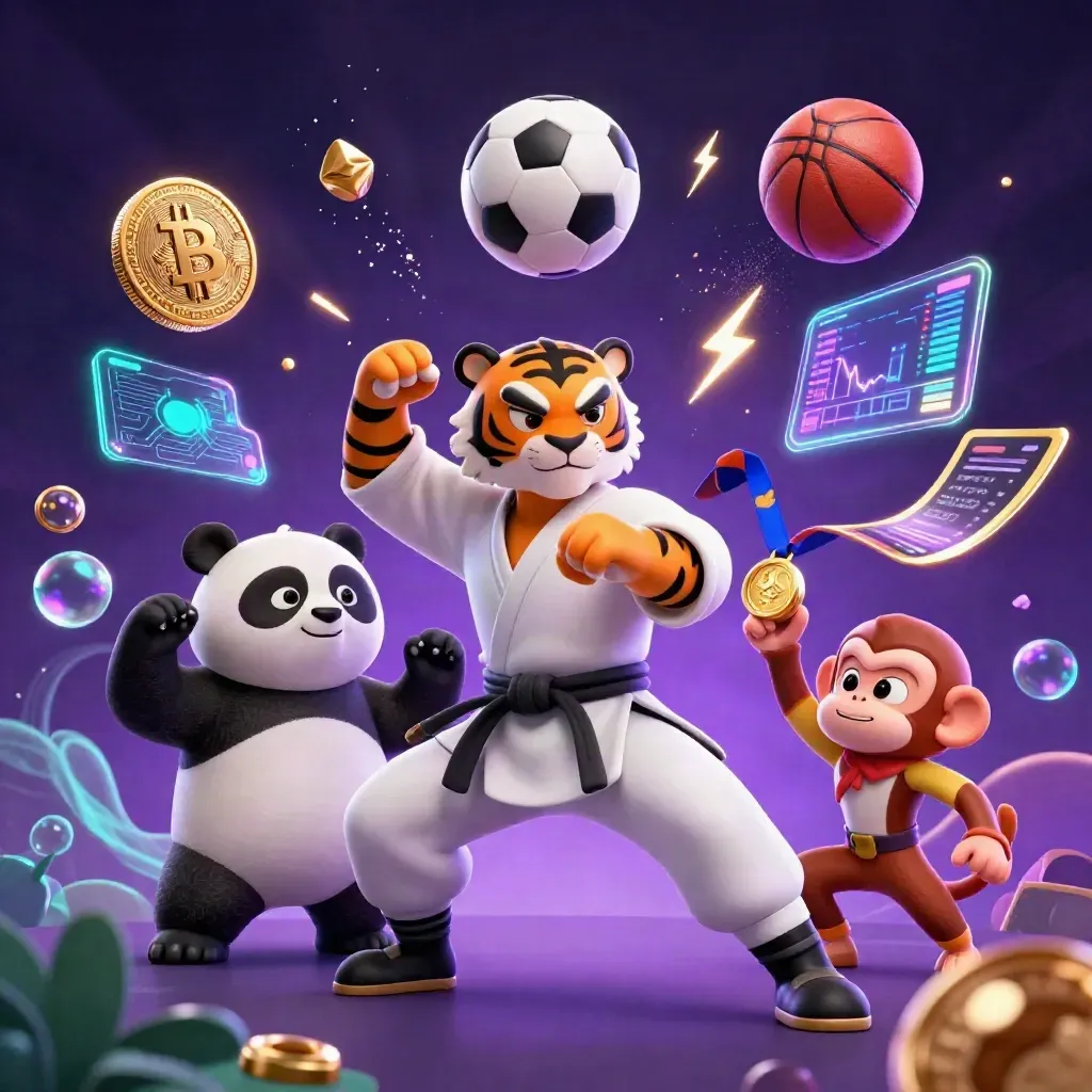 Low-angle fantasy sports-casino scene with tiger, panda, monkey, balls, coins, and neon glow.