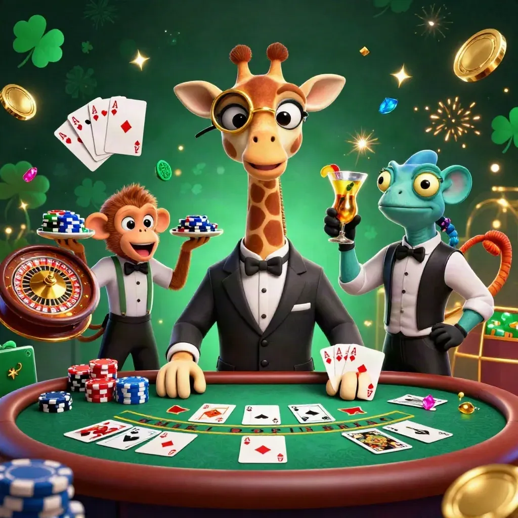 Giraffe, monkey, and chameleon in a neon casino with chips, cards, fireworks, and golden light.