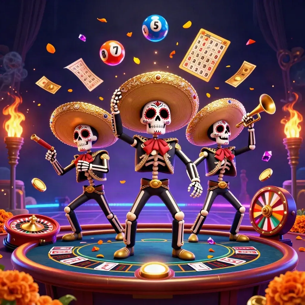 Day-of-the-Dead mariachi skeleton trio amid neon casino props and flying gold confetti