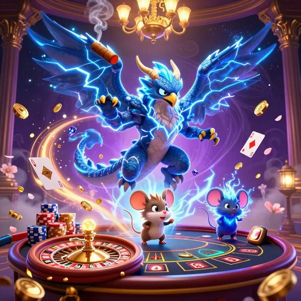 Thunder dragon, wind hawk and static mouse amid roulette, chips, coins and gems in neon casino light.