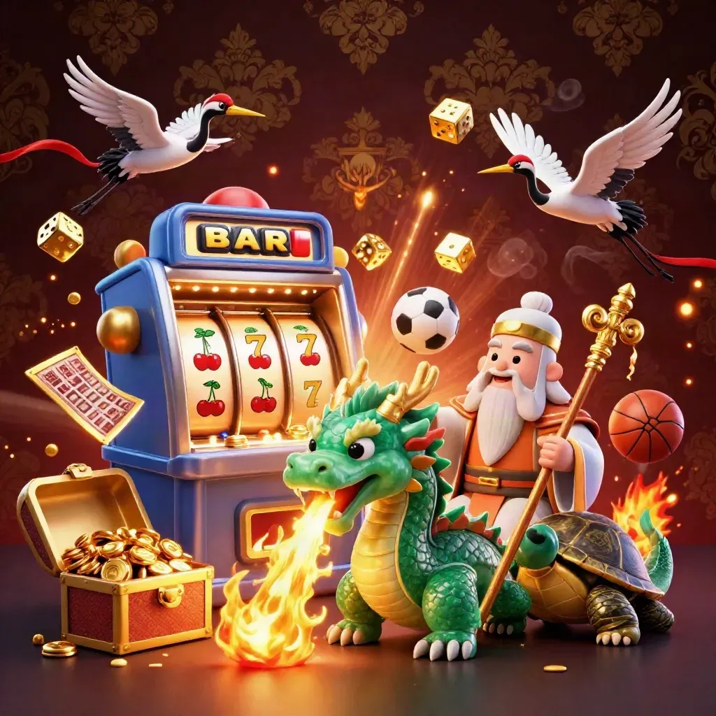 Jade dragon, turtle sage, cranes, casino bursts, gold fire, balls, dice, and treasure on dark luxe backdrop.