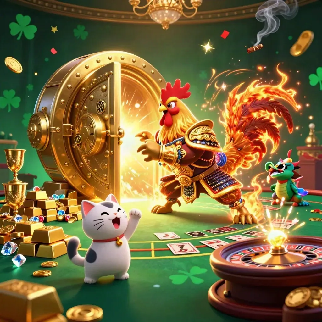 Rooster warrior, dragon hatchling, and fortune-cat amid casino treasure and glowing sparks.