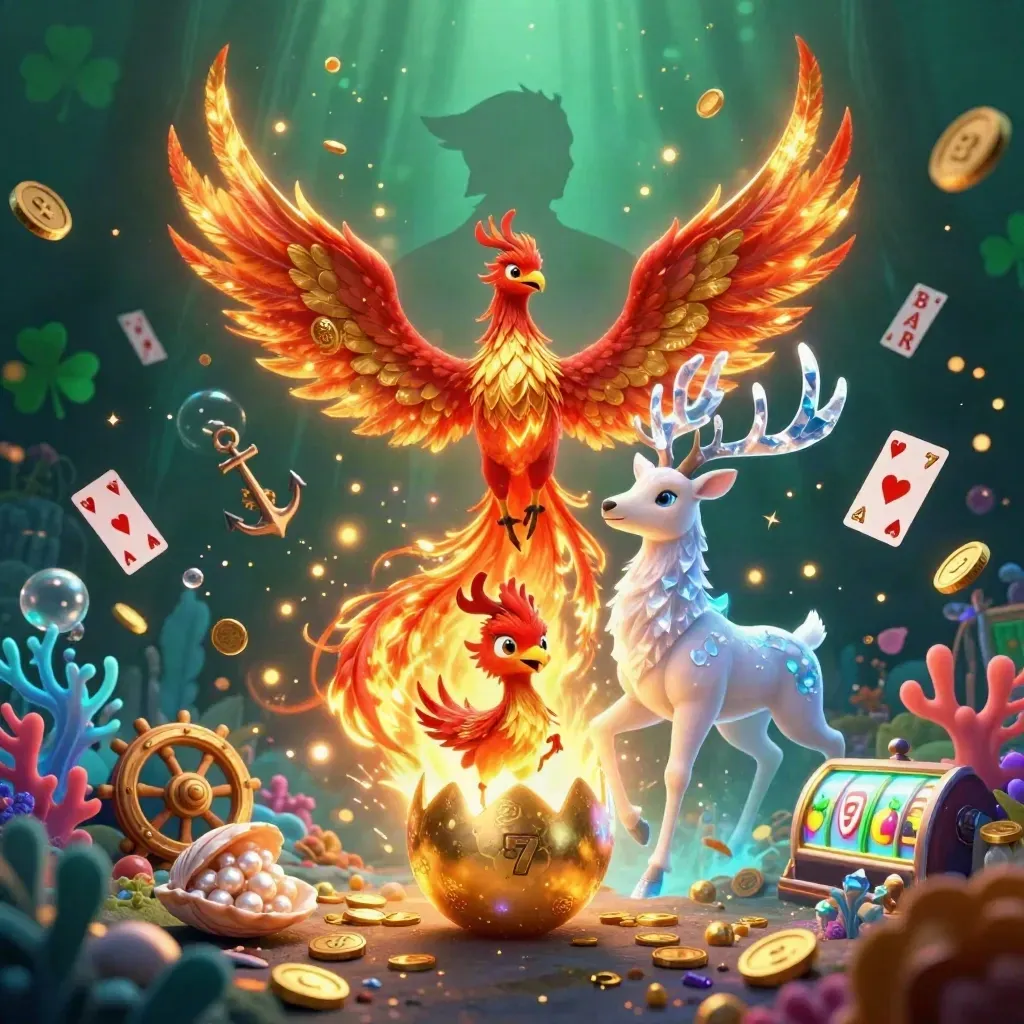 Fire phoenix, hatching chick, and crystal stag amid gold coins, treasure, and casino glow.
