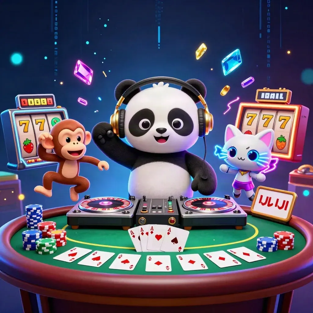 DJ panda, monkey, and glow-stick kitten amid cards, chips, neon bolts, and casino reels.
