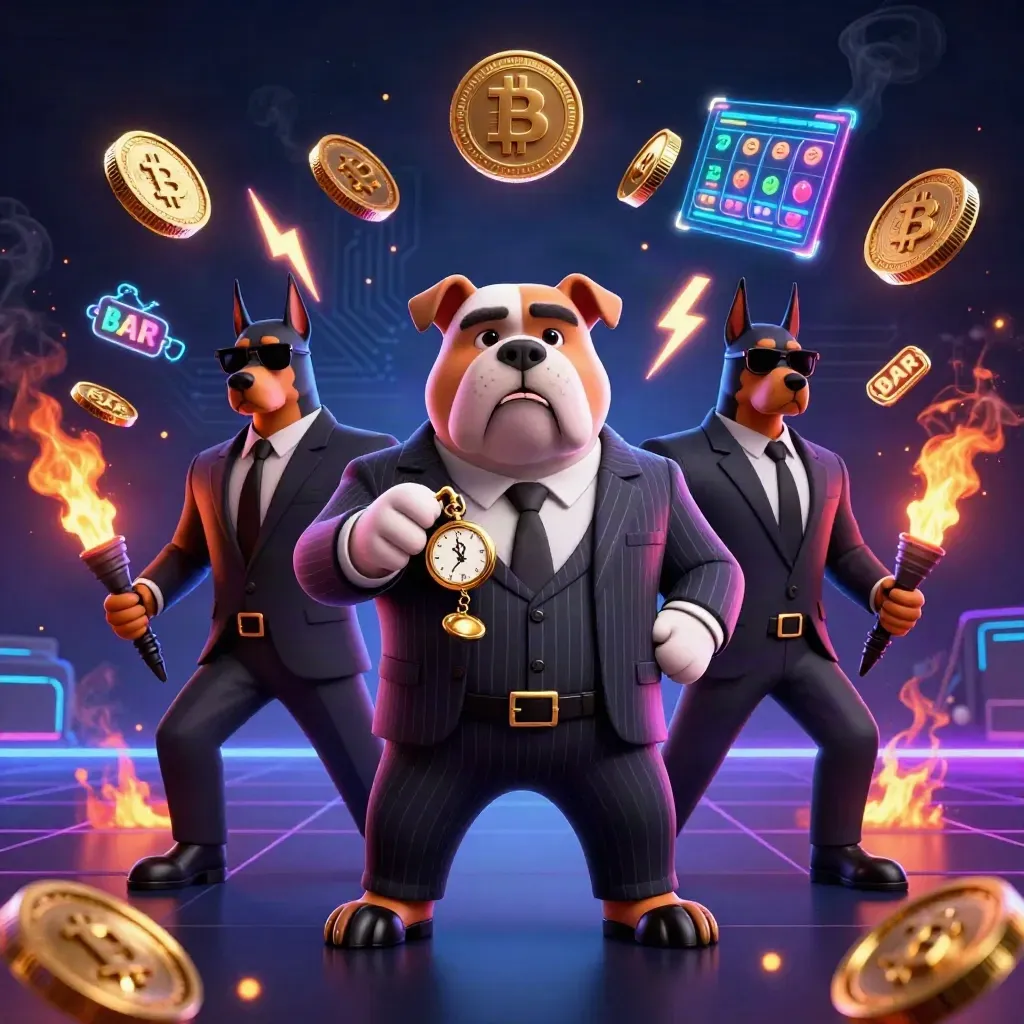 Bulldog mob boss with two Dobermans amid neon coins, lightning, slots and jackpot energy.