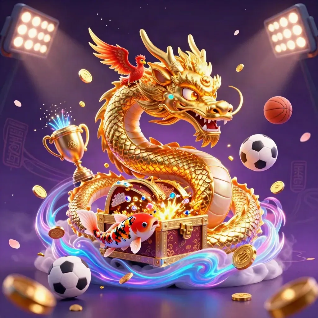 Golden dragon with phoenix and koi bursting from treasure amid coins, sports balls and neon magic.