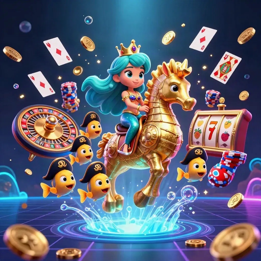 Mermaid princess on a golden seahorse amid casino coins, gems, chips, and neon underwater glow.