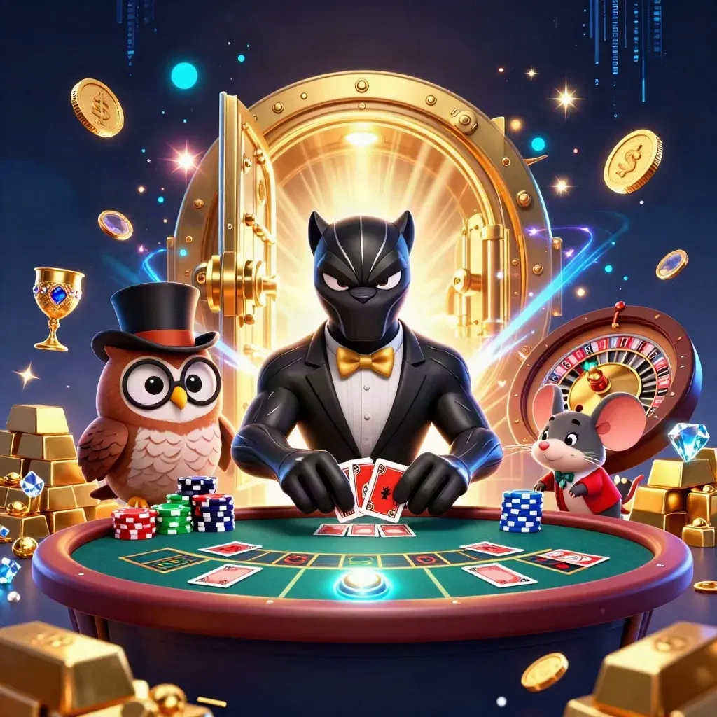 Panther, owl, and mouse amid a bursting vault of gold, gems, and casino lights.