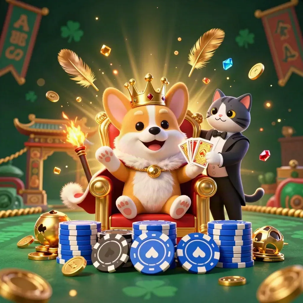 Royal corgi king and cat butler on a chip throne amid casino treasure and blue-gold glow