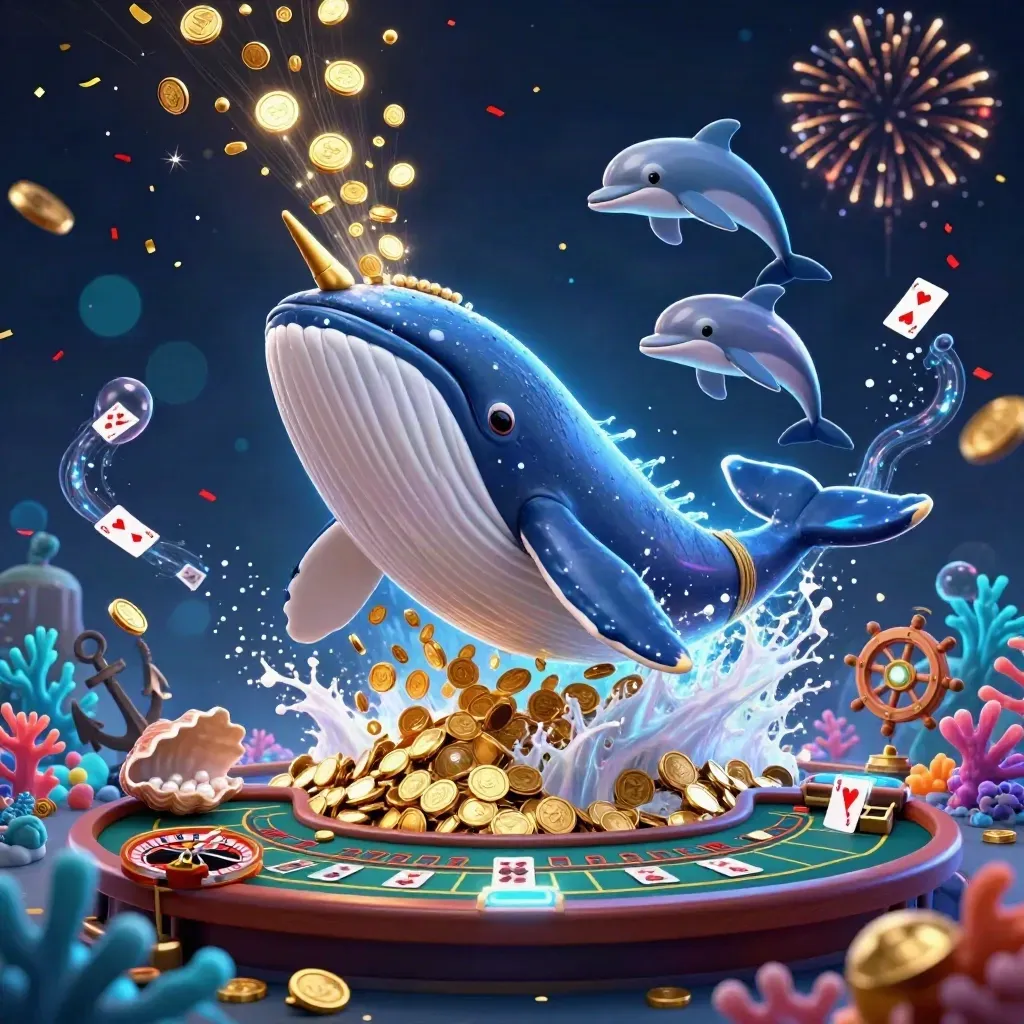 Whale captain, narwhal, and dolphins amid coin shower, treasure cove, and casino sparks.