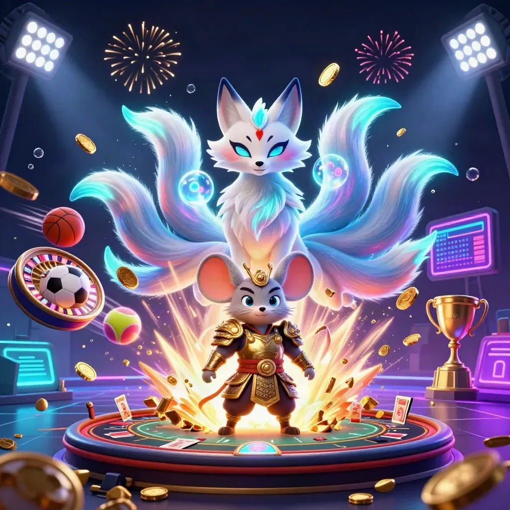 Neon fox spirit and samurai mouse amid vault gold, sports balls, trophy and casino lights