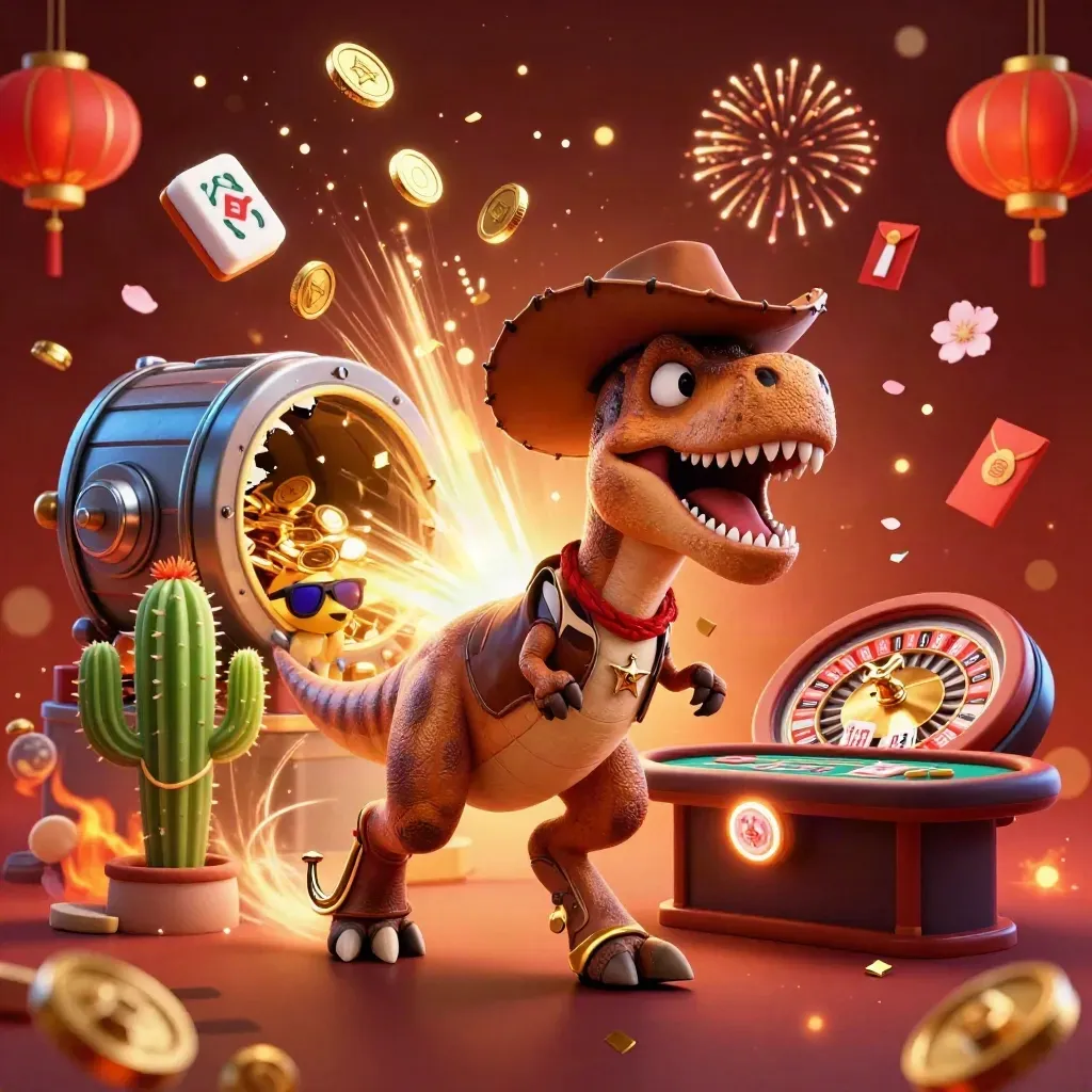Cowboy T-Rex and casino mascots burst from treasure amid gold coins, fireworks, and neon glow.