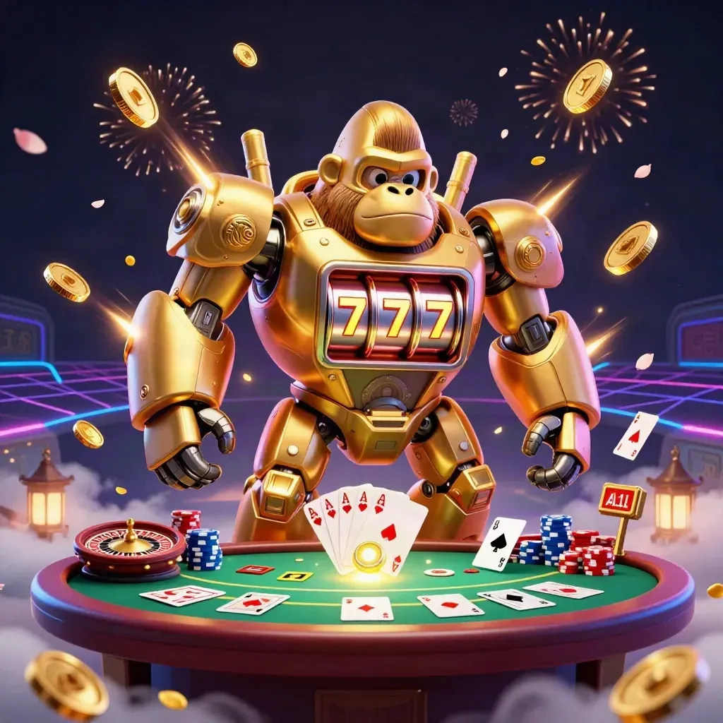 Golden gorilla mech and monkey pilot amid casino props, coins, fireworks, and neon light.